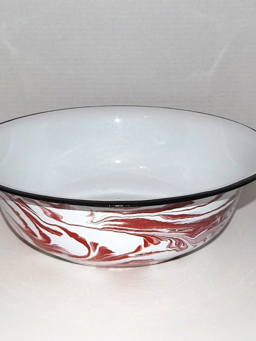 Vintage 12 ½” Red Swirl Enamelware Bowl Black Rim w/Rack Marks